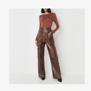 Extra Long Tall Brown Pleather Wide Leg Pants